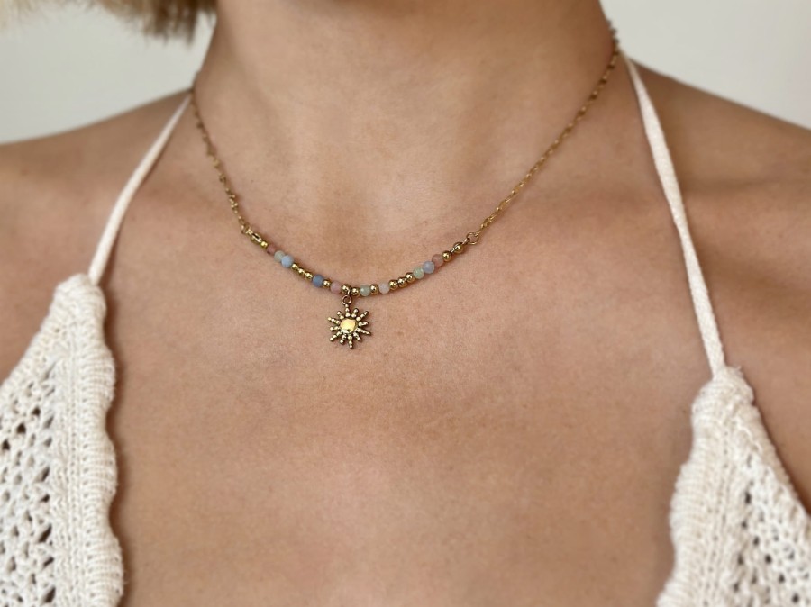 Naszyjnik słońce z kwarcem i akwamarynem