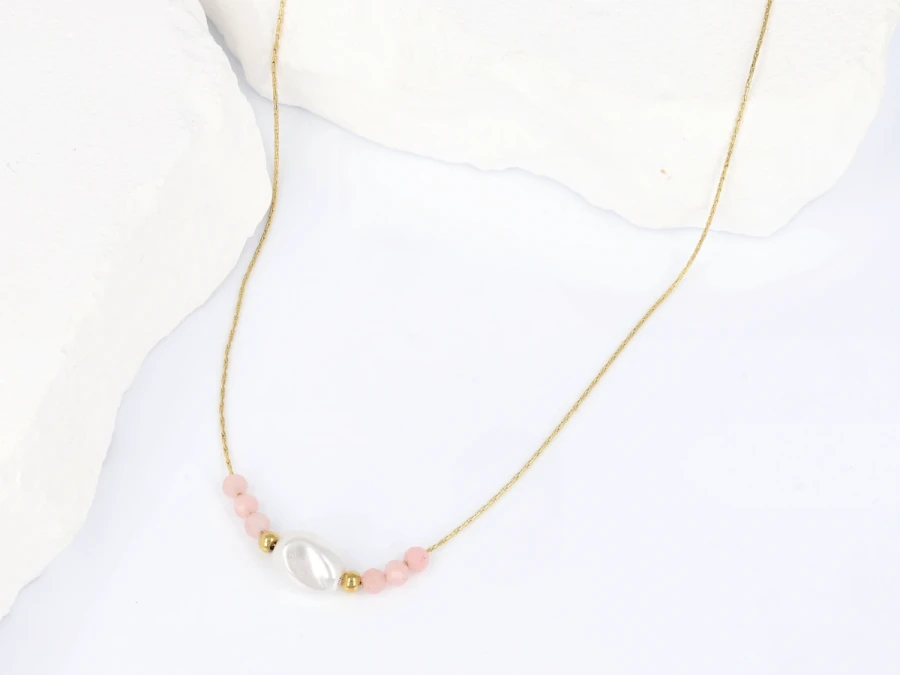 Naszyjnik kwarc różowy z perłą rzeczną