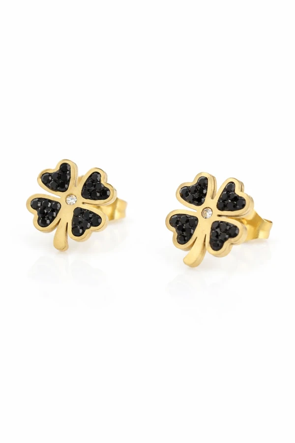 Kolczyki sztyfty czarna koniczyna z kryształkami