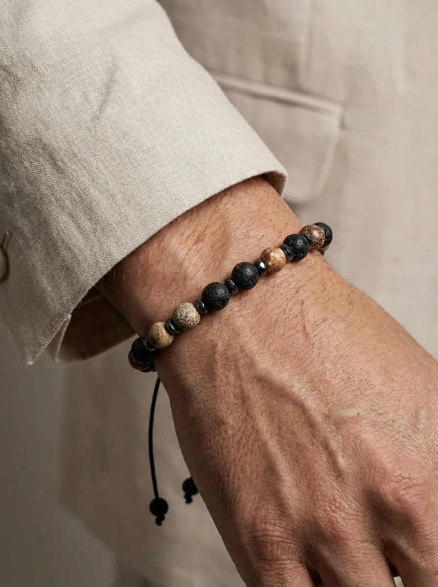 Bransoletka męska z lawy wulkanicznej i jaspisu cesarskiego z hematytem
