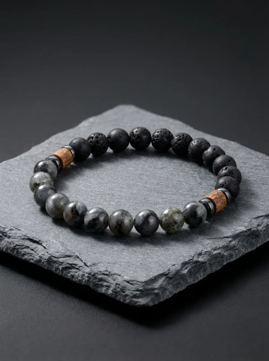Bransoletka męska z lawy wulkanicznej i labradorytu z drewnianymi akcentami