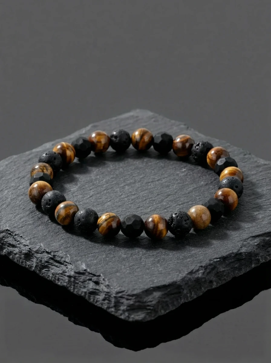 Bransoletka męska z tygrysiego oka i lawy wulkanicznej