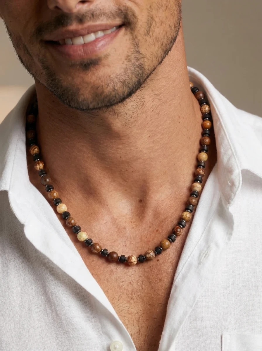Naszyjnik męski z jaspisem pustynnym i czarnym onyksem