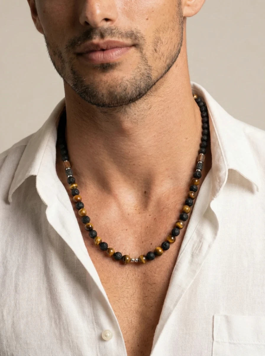 Naszyjnik męski równowaga żywiołów z lawy wulkanicznej, tygrysiego oka i onyksu